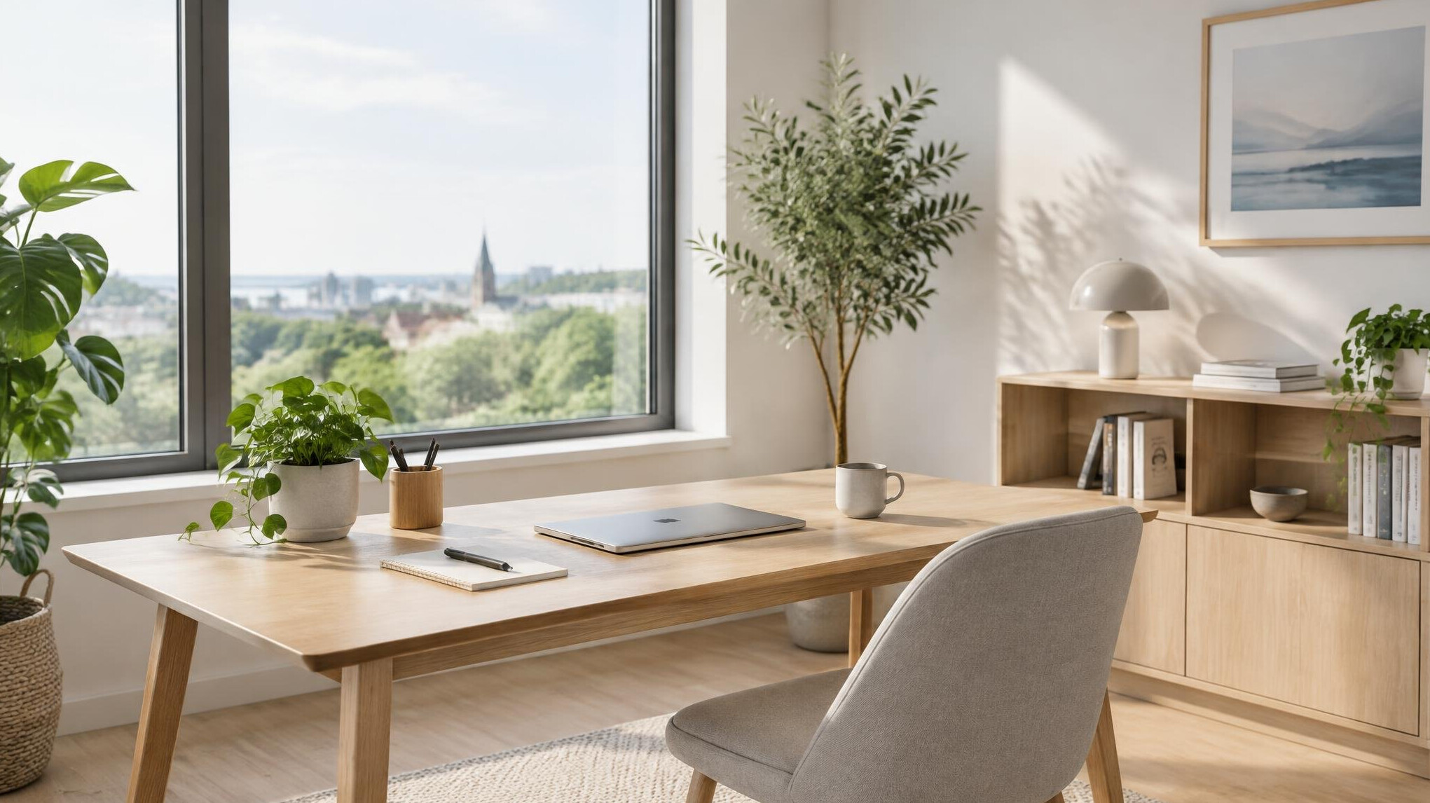 Bright quiet office space with a large window and plants