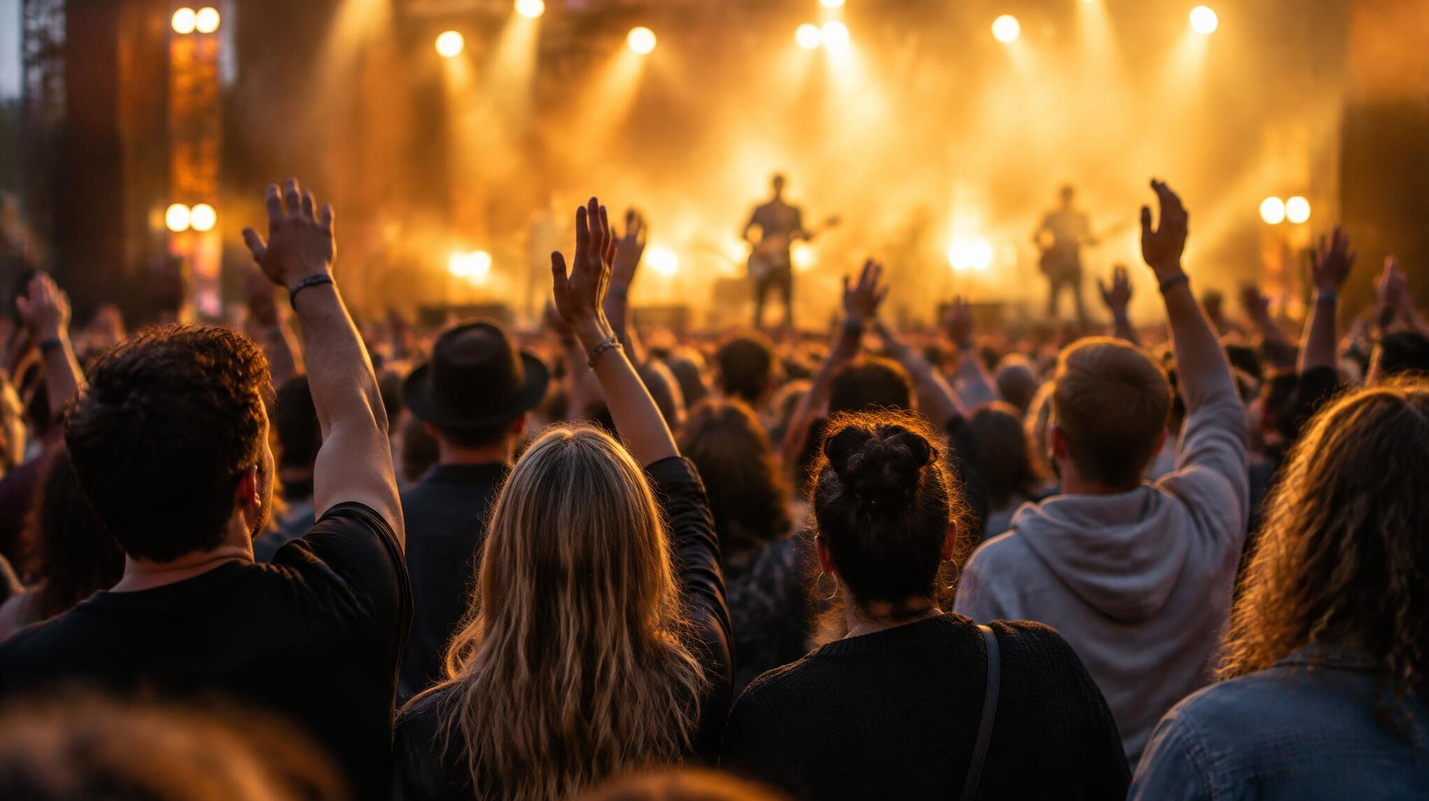 Audience at an evening concert seen from behind with warm stage lights
