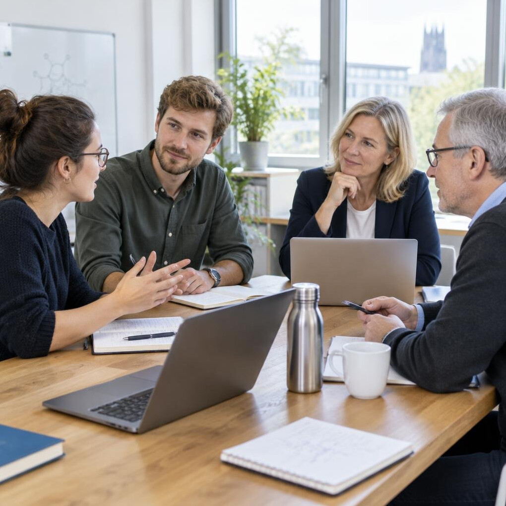 Colleagues in a discussion around a table with notes